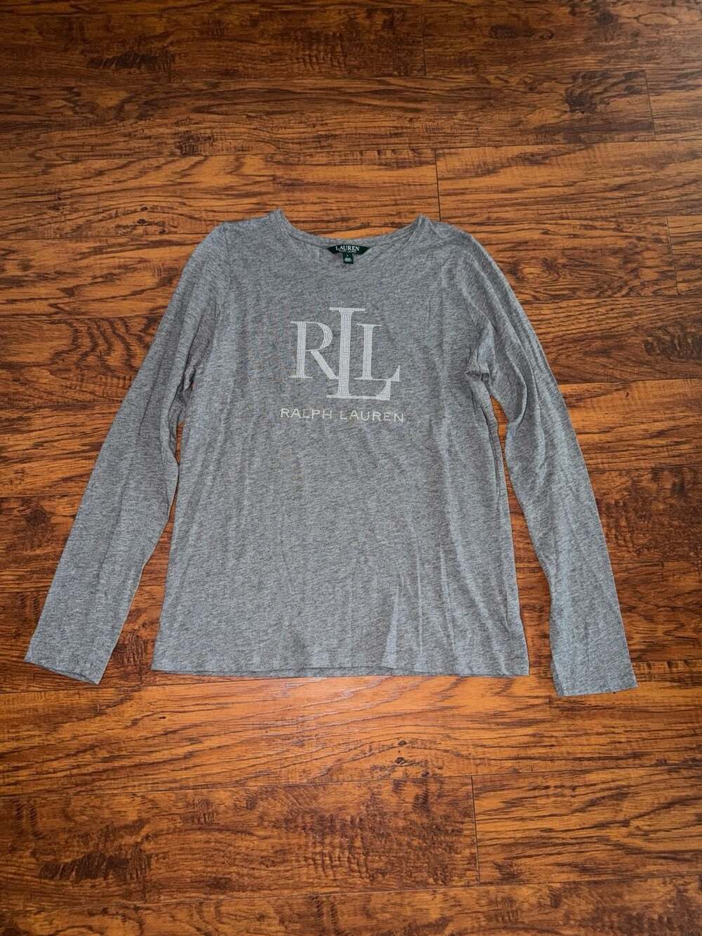 Lauren Ralph Lauren Women's Grey Long Sleeve Rhinestone RL Logo Shirt Size L